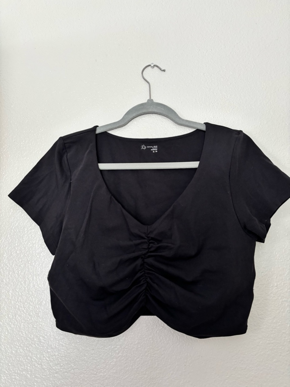 aerie Offline Black Ruched V-Neck Crop Top